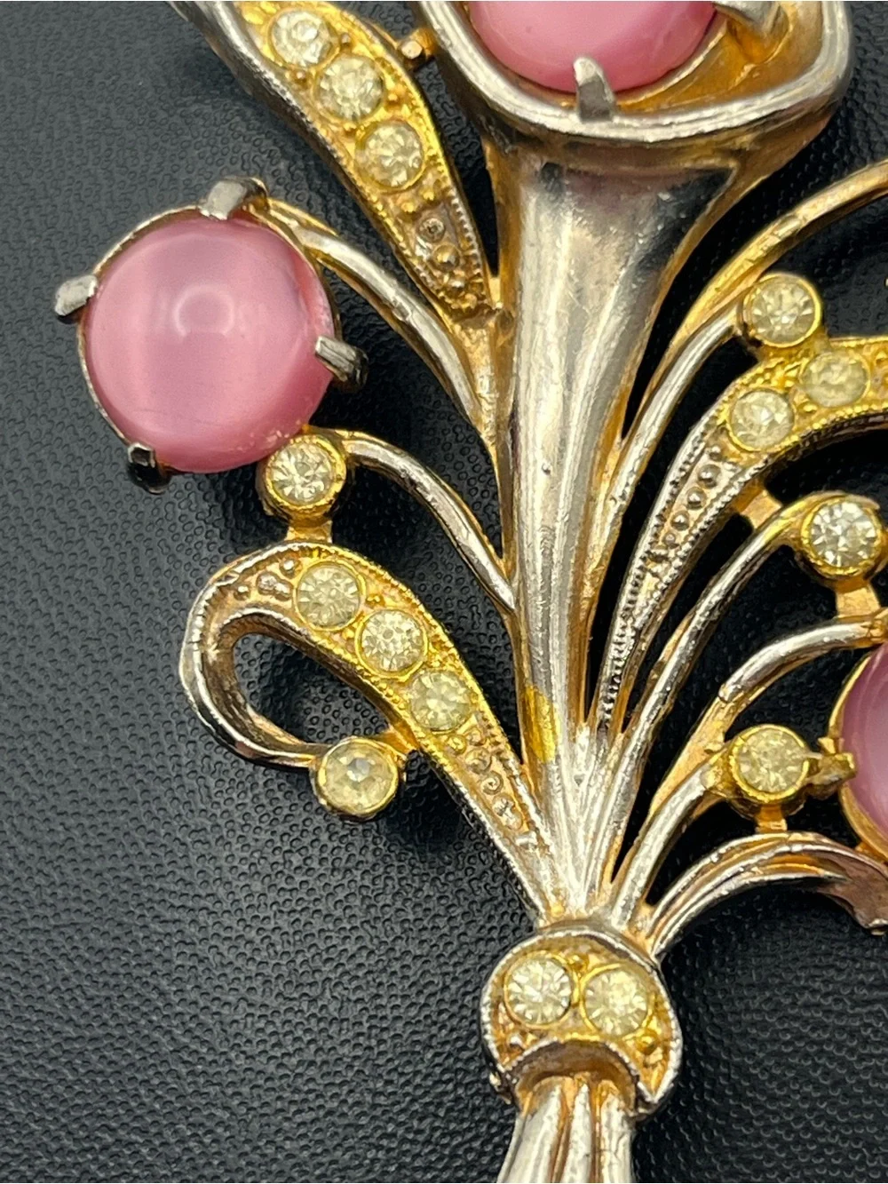 1950’s Mid Century pink moonglow cabochon stones flower bouquet brooch pin